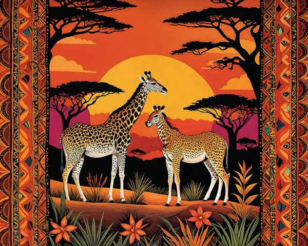 Giraffes in Savanna at Sunset with Tribal Patterns