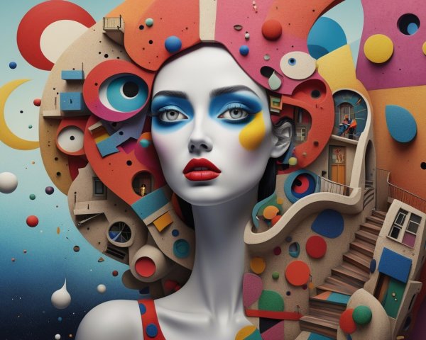 Woman with Bold Makeup and Abstract Hair Landscape