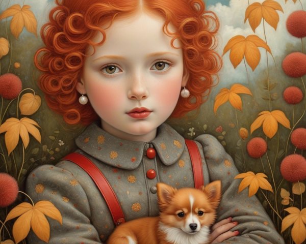 Portrait of a red-haired girl with a light brown puppy