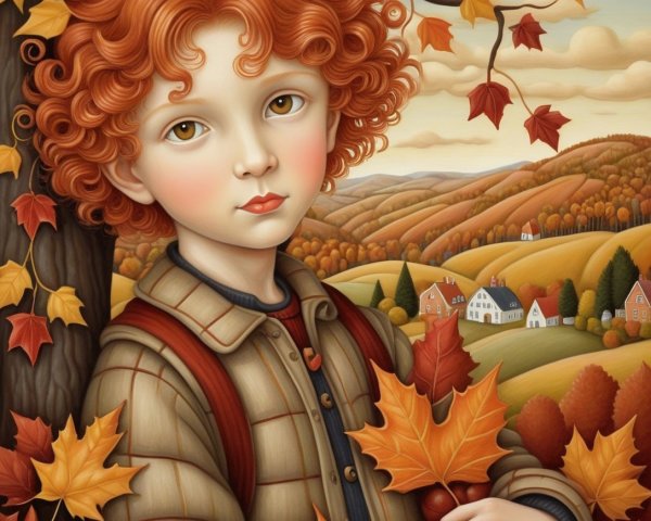 Child with Red Curls Surrounded by Autumn Leaves