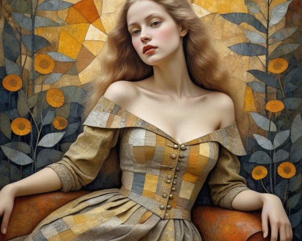 Young woman in patterned dress with floral background