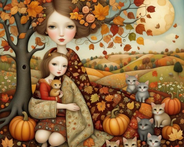 Autumn Landscape with Two Girls and Playful Kittens