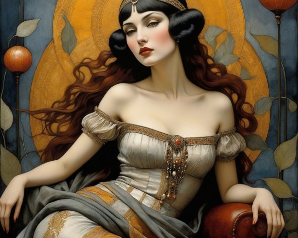 High-fashion portrait of a woman in a gold dress