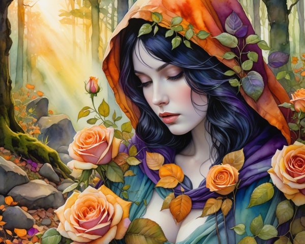Watercolor Painting of Girl Surrounded by Roses and Forest