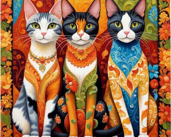 Colorful Stylized Cats Against Floral Backdrop