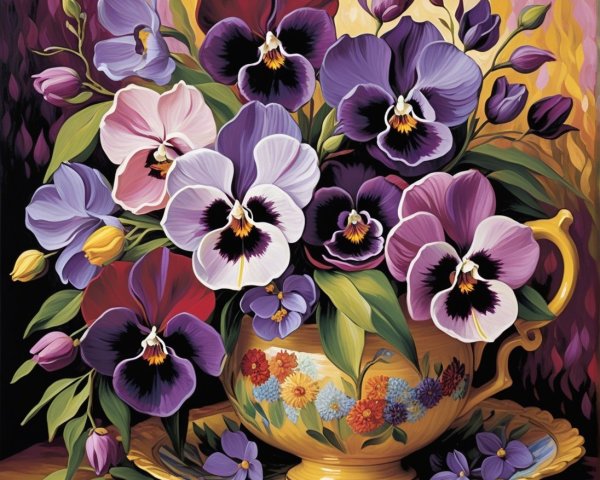 Vibrant Still Life of Pansies in Ornate Teacup