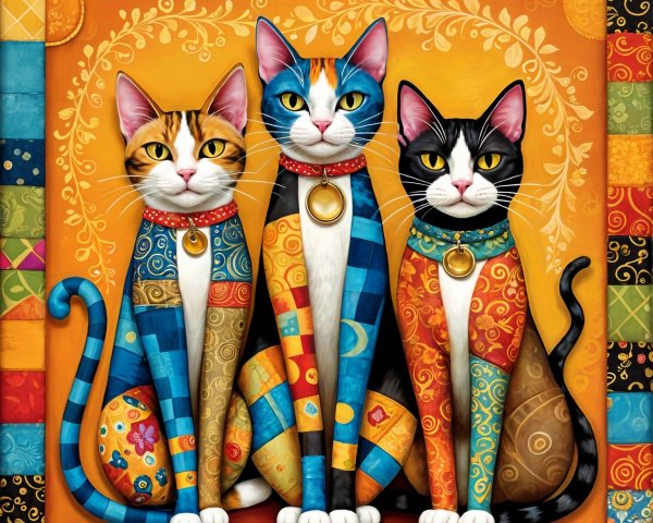 Three Colorful Cats in a Vibrant Patterned Setting