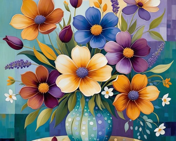 Vibrant Flower Bouquet in Polka-Dotted Blue Vase