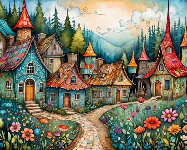 Whimsical Village Scene with Colorful Houses and Gardens
