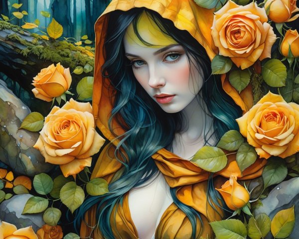 Portrait of a Young Woman in Yellow Cloak with Roses