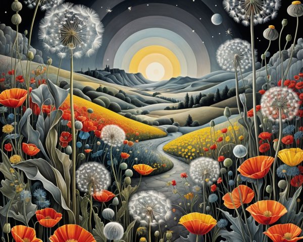 Vibrant Landscape with Rolling Hills and Flowers