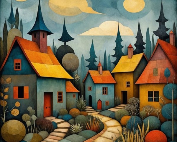 Whimsical Landscape with Colorful Abstract Houses