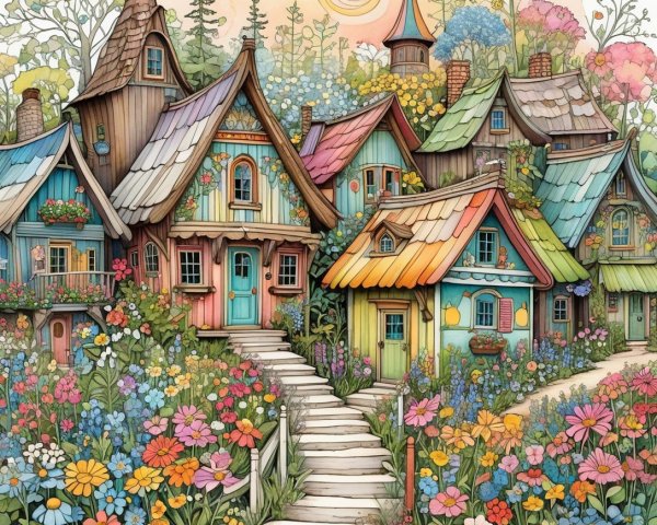 Whimsical Village with Colorful Houses and Gardens