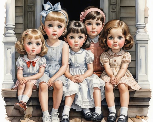 Vintage Illustration of Five Girls on a Porch