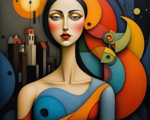 Stylized Woman with Angular Face and Colorful Hair