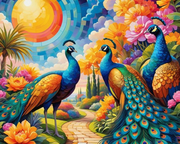 Vibrant Garden with Peacocks and Colorful Flowers