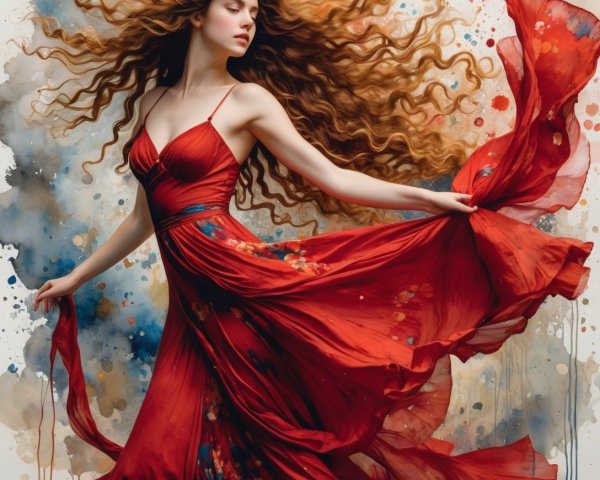 Young woman dancing in a vibrant, colorful scene