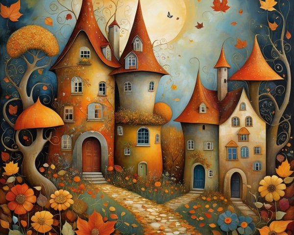 Whimsical Autumn Landscape with Colorful Houses