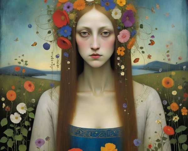 Serene Woman in Floral Crown in Lush Landscape