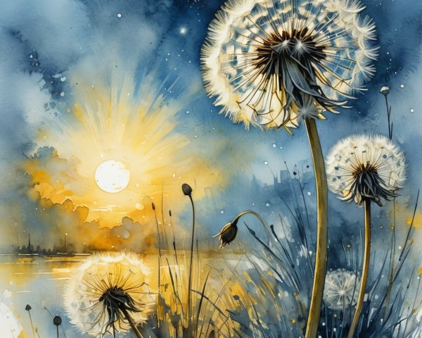 Dandelions in Bloom Under a Radiant Sunset Landscape