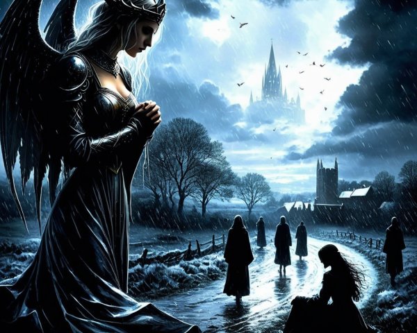 Angelic Figure in Dark Landscape with Castle and Rain