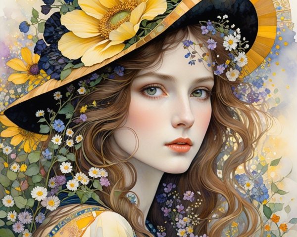 Portrait of a Young Woman with Floral Hat and Background