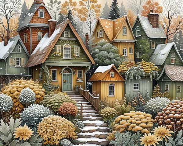 Quaint Snow-Dusted Houses on a Colorful Hillside