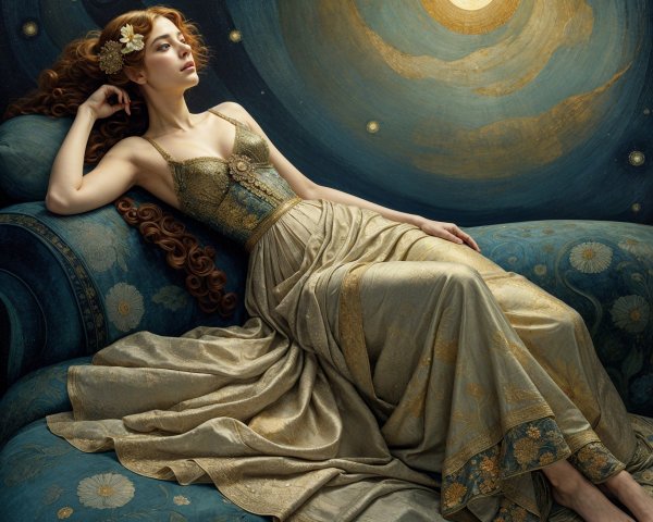 Woman with Red Hair on Ornate Couch in Celestial Scene
