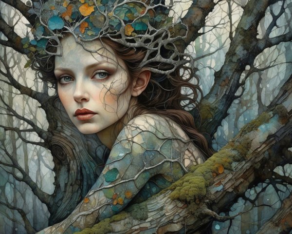 Ethereal Figure Among Twisted Trees and Nature Elements