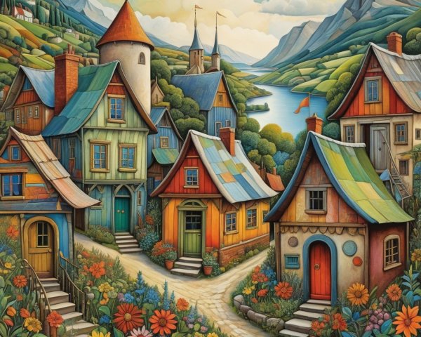 Vibrant Village Scene with Colorful Houses and Lake