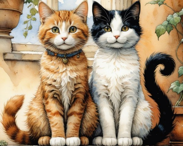 Charming Illustration of Two Cats in Sunlit Setting