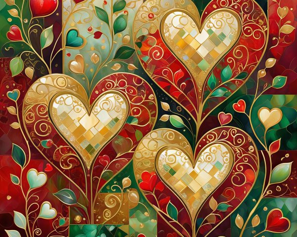 Hearts in Gold and Red with Mosaic Patterns