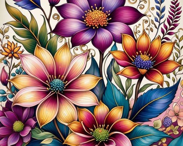Vibrant Floral Illustration with Rich Colors and Details