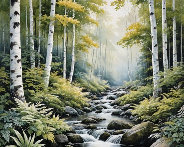Serene Forest Scene with Stream and Birch Trees