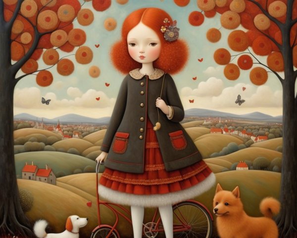 Whimsical Oil Painting of Girl with Vintage Bicycle