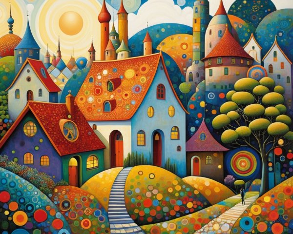 Vibrant Whimsical Landscape with Colorful Houses