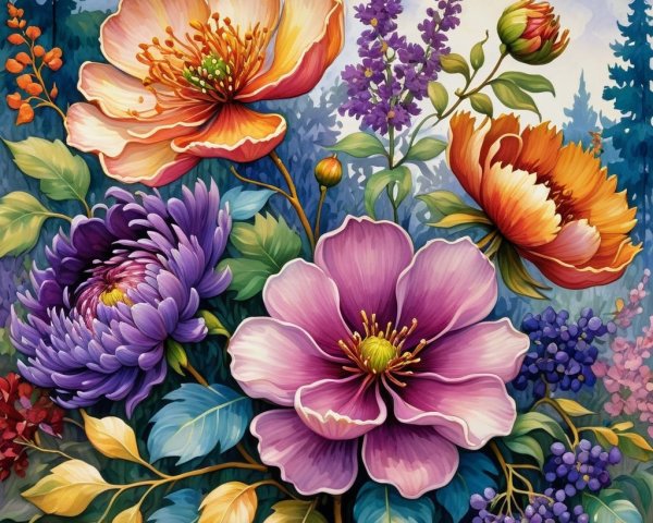 Vibrant Floral Composition with Peonies and Chrysanthemums