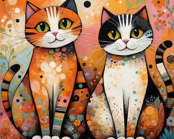 Whimsical Cats with Colorful Background and Plants