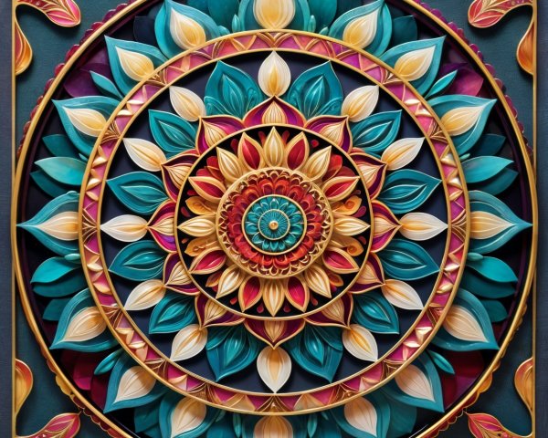 Vibrant Mandala with Green Leaves and Flowers