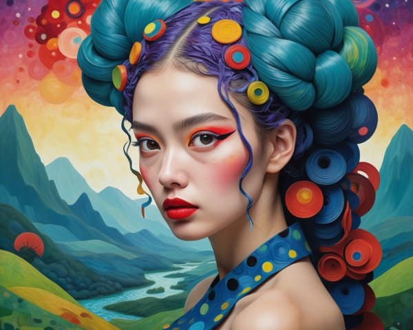 Portrait of a woman with vibrant hair and bold makeup
