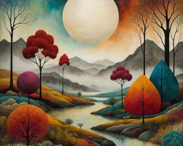 Surreal Landscape with Colorful Trees and Moonlight