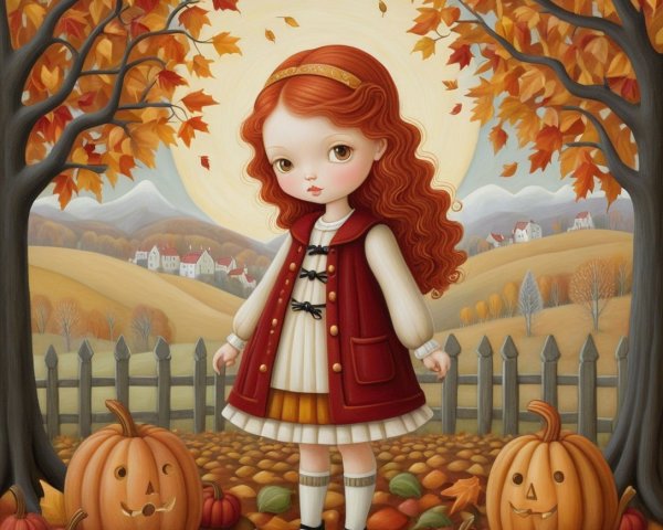 Charming Doll in Vibrant Autumn Scene with Pumpkins