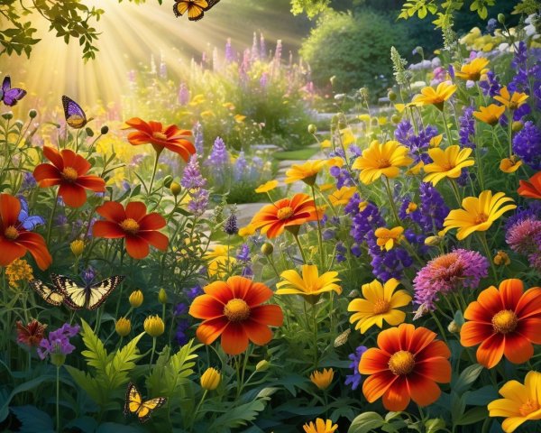 Vibrant Garden with Colorful Flowers and Butterflies