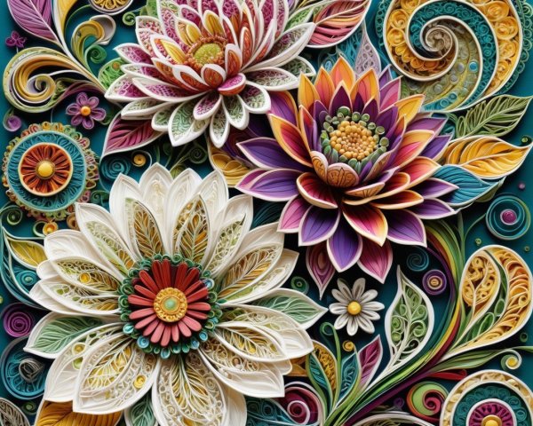Intricate Paper Flower Arrangement on Teal Background