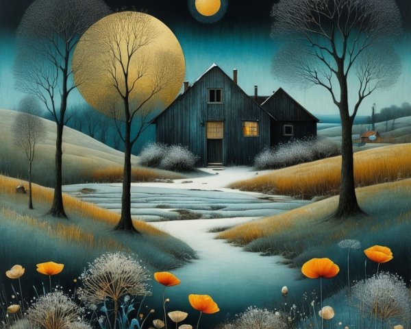Rustic Blue House in Tranquil Night Landscape