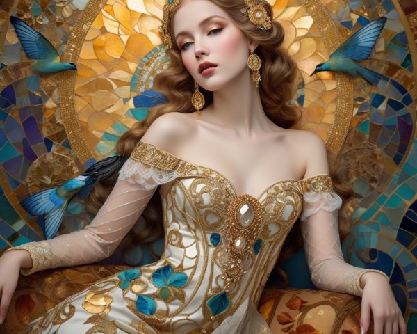 Elegant Woman in Opulent Gown with Stained Glass Backdrop