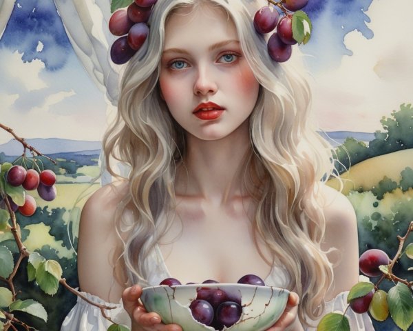 Young woman with plums in serene landscape setting