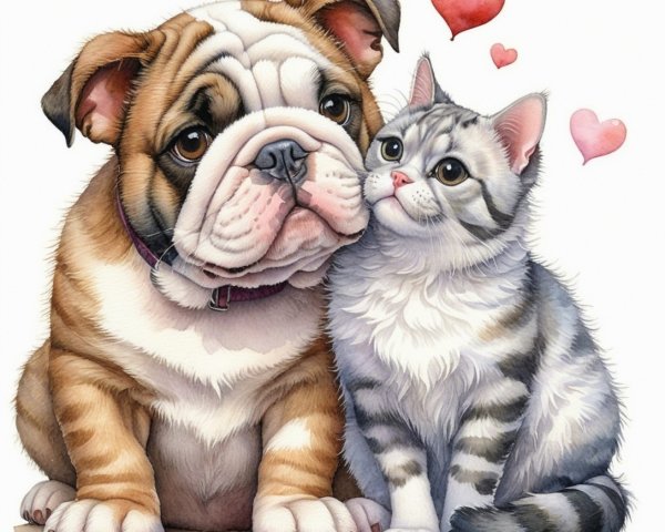 Illustration of Bulldog and Tabby Cat with Hearts