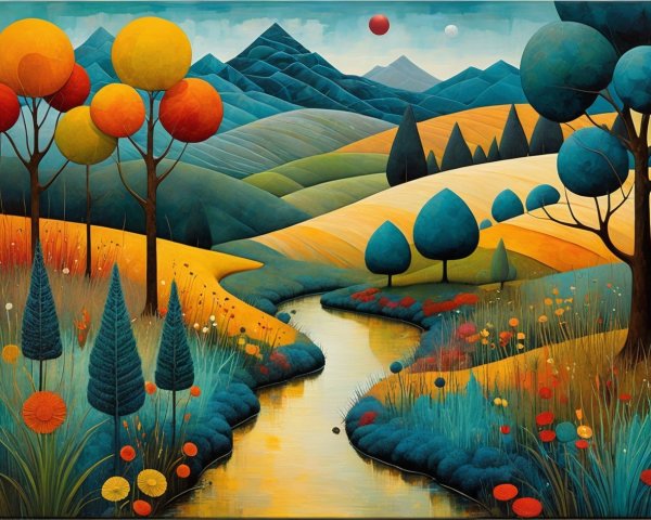Vibrant Landscape with Rolling Hills and Stylized Trees