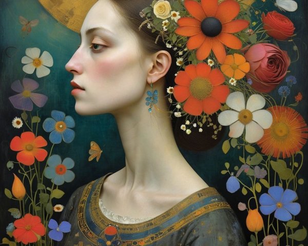 Woman with Flowers in Hair Against Colorful Backdrop